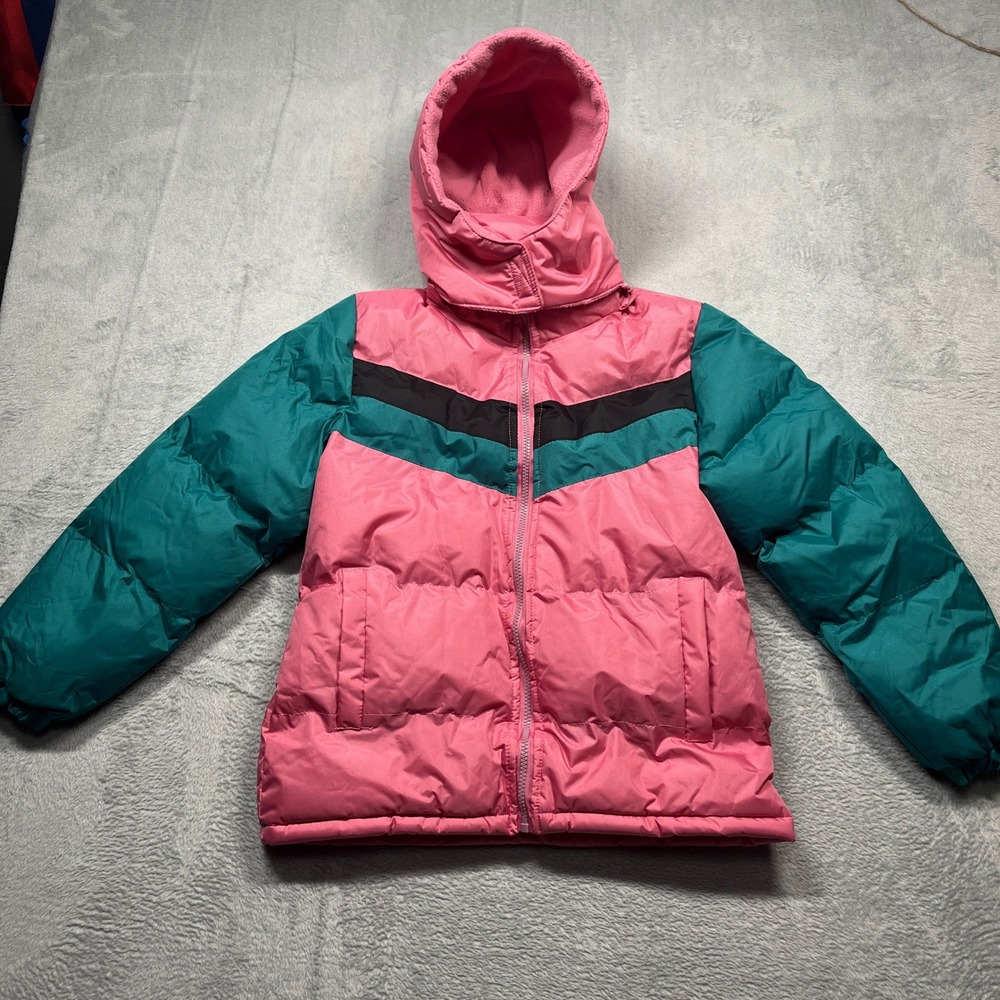 Operation Warm Puffer Jacket Kids Pink Teal Colorblock Hooded Fleece Lined 14/16